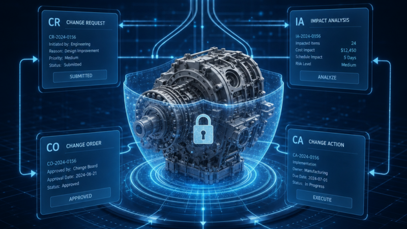 Enterprise configuration management workflow chart demonstrating Change Requests, Impact Assessments, Change Orders, and Change Actions in the 3DEXPERIENCE platform